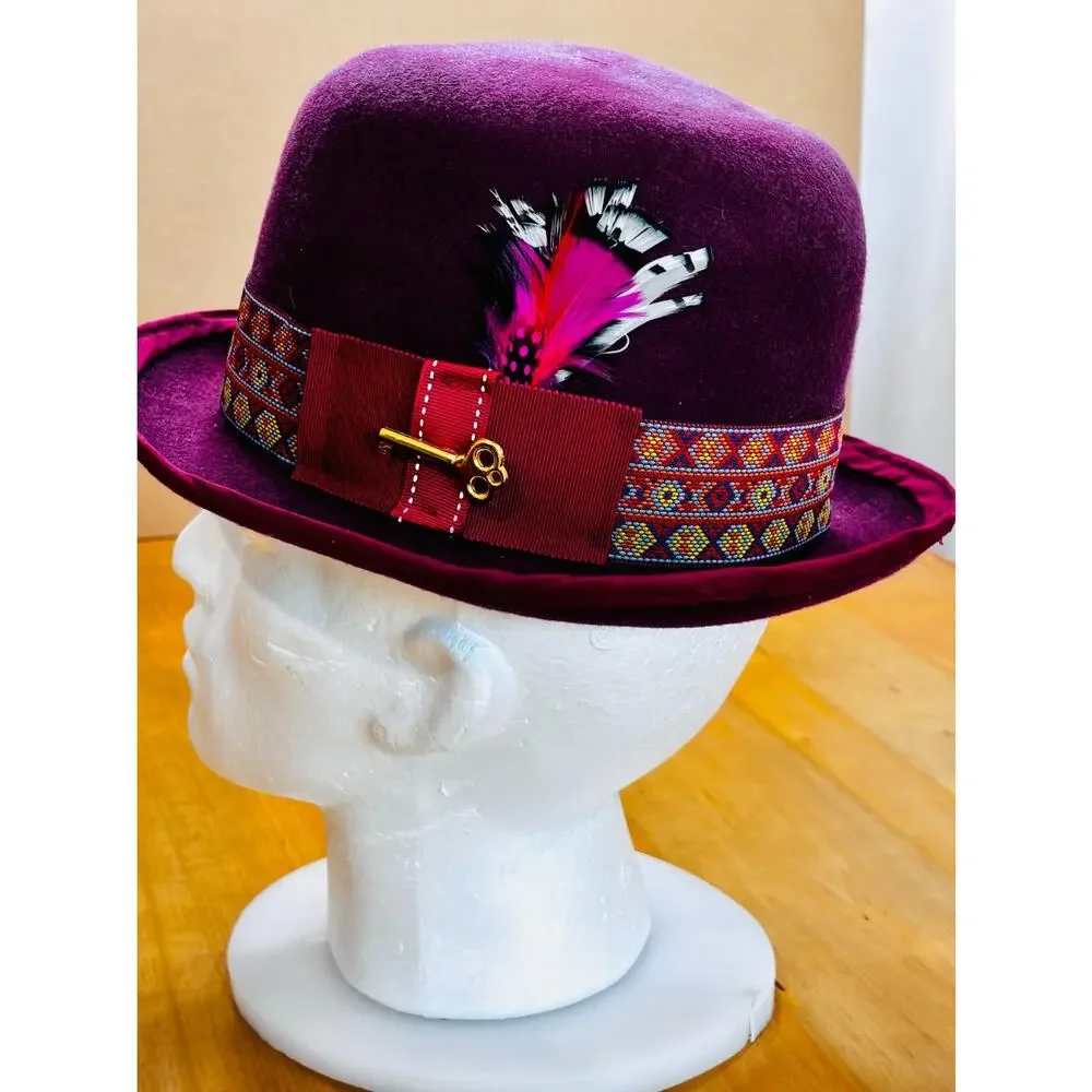Handmade Burgundy Felt Fedora Hat Feather Key Accent Men’s Large